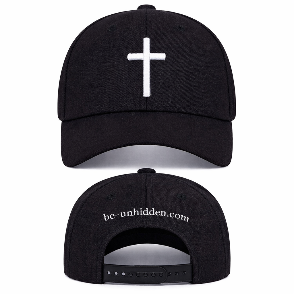 Unhidden Cross Cap — black baseball cap with white embroidered cross